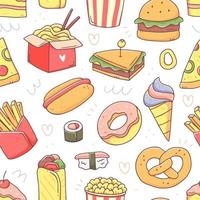 Fast food seamless pattern in cute kawaii doodle style. Vector junk food illustration background.