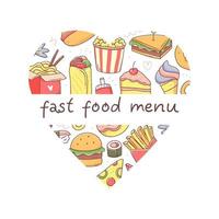 Heart shape with fast food and fast food menu text. Vector isolated junk food clipart illustration.