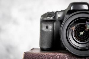 Close up of the slr camera with lens. photo