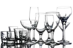 Collage of empty glasses on white background. photo