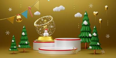 Podium Empty and Christmas tree with snow globe in Gold composition for modern stage display and minimalist mockup ,Concept Christmas and a festive New Year, 3d illustration or 3d render photo