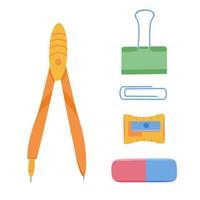 School and office supplies, stationery, compass, clip, eraser and sharpener. Illustration for backgrounds, packaging, greeting cards, posters and seasonal design. Isolated on white background. vector