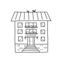 Urban apartment building with balconies and a cat on the roof. Vector illustration in the style of simple doodles.