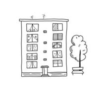 Multistory house with antenna on the roof, driveway and a bench with a tree. Vector illustration in the style of simple doodles.