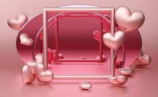 frame empty with heart balloon shapes in pink pastel composition for modern stage display and minimalist mockup ,birthday balloons and party or celebrations ,3d illustration or 3d render photo