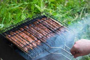 Lulya kebab from meat are prepared in the grill. Shish kebab in the grill. photo