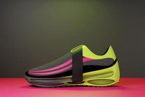 3D illustration of a concept shoe for the metaverse. Colorful  sports boot sneaker on a high platform. photo