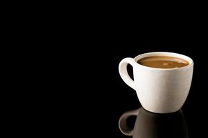 Cup of coffee on black background. Free space for text photo