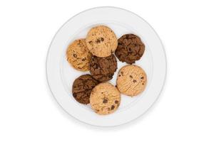 Chocolate chip cookies on plate on white background. photo
