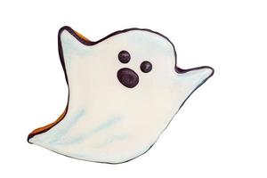 Delicious gingerbread in the form of a ghost isolated on a white background. Festive Halloween treat. photo