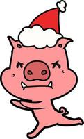 angry line drawing of a pig wearing santa hat vector