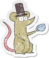 retro distressed sticker of a cartoon mouse with cup and top hat vector