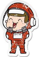 distressed sticker of a happy cartoon astronaut vector