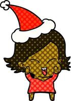 happy comic book style illustration of a girl wearing santa hat vector