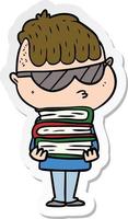 sticker of a cartoon boy wearing sunglasses with stack of books vector