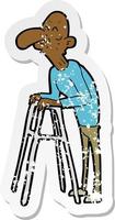 retro distressed sticker of a cartoon old man with walking frame vector
