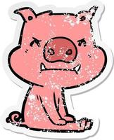 distressed sticker of a angry cartoon pig sitting vector