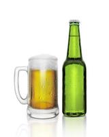 Glass and bottle of beer with water droplets isolated on white background. 3d render photo