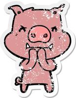 distressed sticker of a angry cartoon pig vector