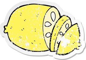 pegatina angustiada de un limón en rodajas de dibujos animados vector
