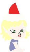 pretty flat color illustration of a elf girl wearing santa hat vector