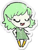 pegatina angustiada de una niña elfa de dibujos animados feliz vector