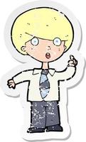 retro distressed sticker of a cartoon school boy answering question vector