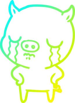 cold gradient line drawing cartoon pig crying with hands on hips vector