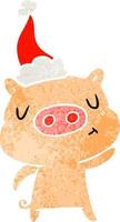 retro cartoon of a content pig wearing santa hat vector