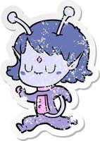 distressed sticker of a cartoon alien girl vector