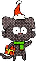 nervous dog comic book style illustration of a with gift wearing santa hat vector