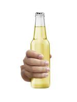 A man holding Beer bottle isolated on white background photo