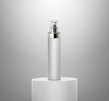 Spray bottle displays, Spotlight illuminates pedestal. Design for banner, poster of cosmetic photo