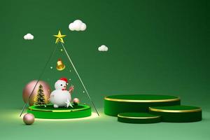 Podium empty with Chrismas tree and Snowman in green composition for website or poster or Happiness cards,Christmas banner and festive New Year, realistic 3d illustration or 3d render photo