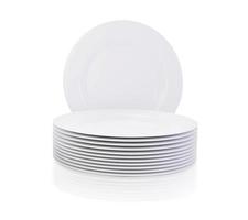 Stack of white ceramic plates, isolated on white. 3D render photo