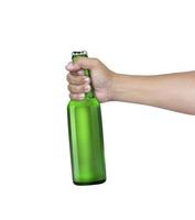 A man holding Beer bottle isolated on white background photo