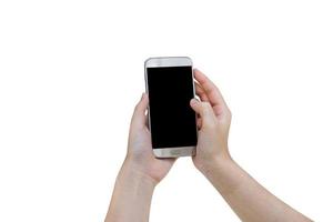 mujer que usa un teléfono móvil inteligente aislado en fondo blanco, ruta de recorte foto