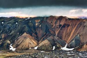 Scenery from Blahnjukur trail with volcanic mountain and lava field in Icelandic highlands on Landmannalaugar at Iceland photo