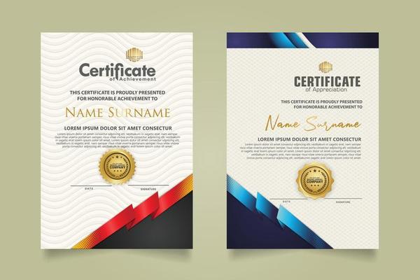 set certificate template with ribbon stripes ornament and modern texture pattern background. Diploma. Vector illustration