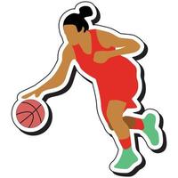 pegatina de ilustración, chica de baloncesto posando regateando vector