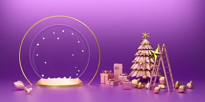 Podium with snow globe and tree and ornaments in purple or violet composition for modern stage display and minimalist mockup ,Concept Christmas and a festive New Year, 3d illustration or 3d render photo