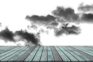 Textured cloud with wooden deck tabletop,isolated on white background photo