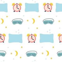 Pattern of pillow, sleep mask, alarm clock, moon and stars. Great for packaging and fabric vector
