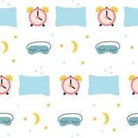 Pattern of pillow, sleep mask, alarm clock, moon and stars. Great for packaging and fabric vector