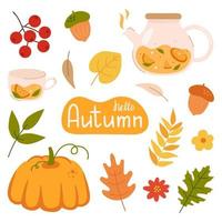 Big autumn set of leaves, acorns and rowan, teapot, teacup, pumpkin. Simple cartoon flat style. Vector illustration clipart. Design for stickers, logo. Autumn design elements. Inscription Hello autumn