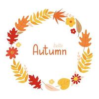 Round frame of autumn leaves isolated on white background. Inscription Hello autumn. Vector illustration background. Design for stickers, logo, web and mobile app. Autumn leaf design elements