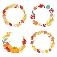 Set of round frames of autumn leaves, acorns and rowan, pumpkin and mushrooms. Simple cartoon flat style. Vector illustration background. Design for stickers, logo, web and mobile app.