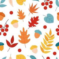 Vector seamless pattern with autumn cartoon leaves, acorns and rowan berries. Autumn background. Hand drawn autumn botany texture. Perfect for wrap paper, wallpaper, background and seasonal textile.