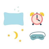 Set of pillow, sleep mask, alarm clock, moon and stars. Vector illustration. Design template. Sweet dreams