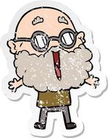 distressed sticker of a cartoon joyful man with beard vector